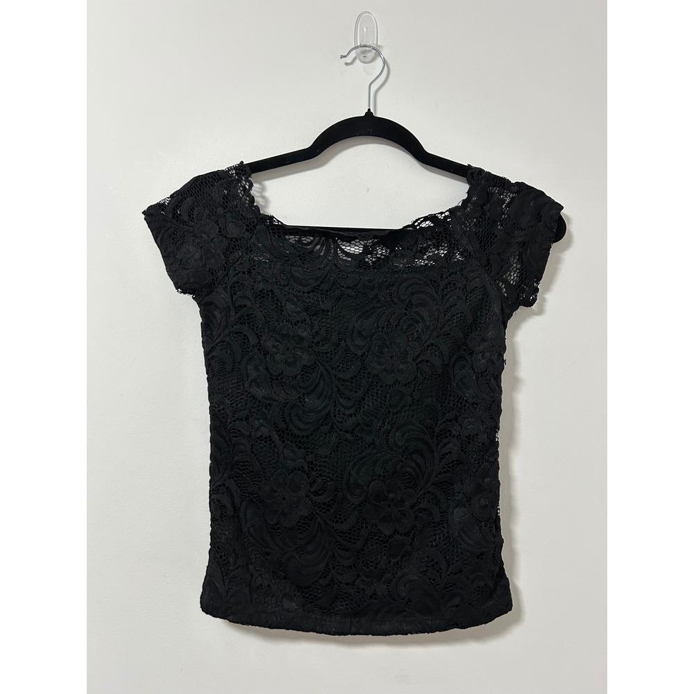 Forever 21 Floral Lace Boat Neck Top Women Medium Black Romantic Coquette Witchy